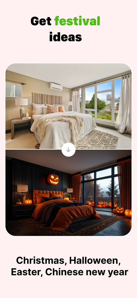 AI Kitchen Design - KitAI - AIを使用してハロウィーンの装飾で寝室が変身した、変更前と変更後の比較