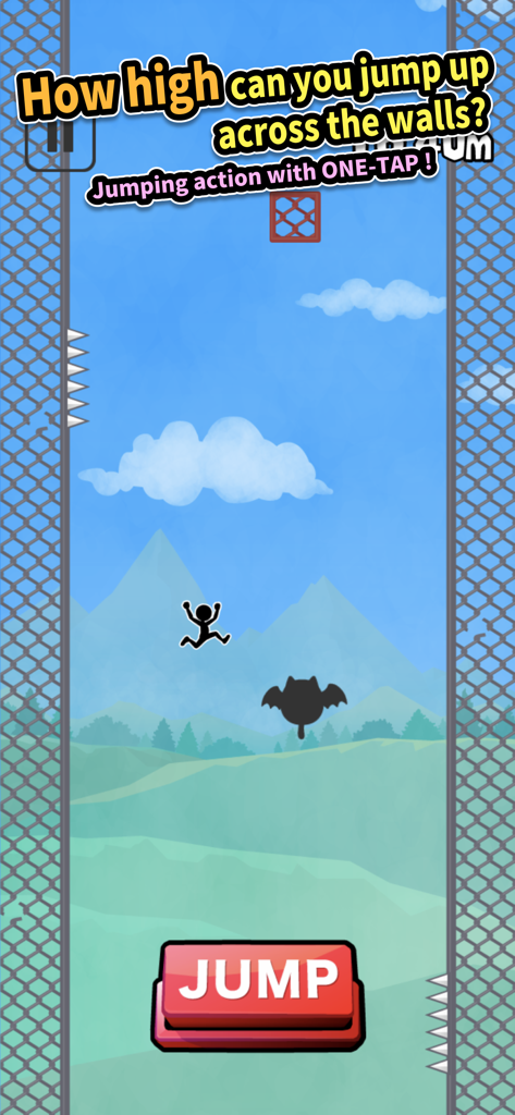 Wall Jump - Personagem stickman pulando entre paredes verticais com um grande botão de salto vermelho no jogo mobile Wall Jump
