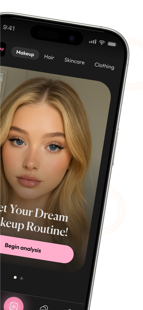 GlowUp - Makeup & Beauty - Pantalla del smartphone de la pantalla de inicio de la aplicación GlowUp que muestra un botón de análisis de rutina de maquillaje y un retrato de una mujer.