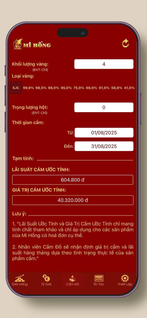 Strumento di stima del banco dei pegni nell'app Vàng Mi Hồng per gioielli in oro
