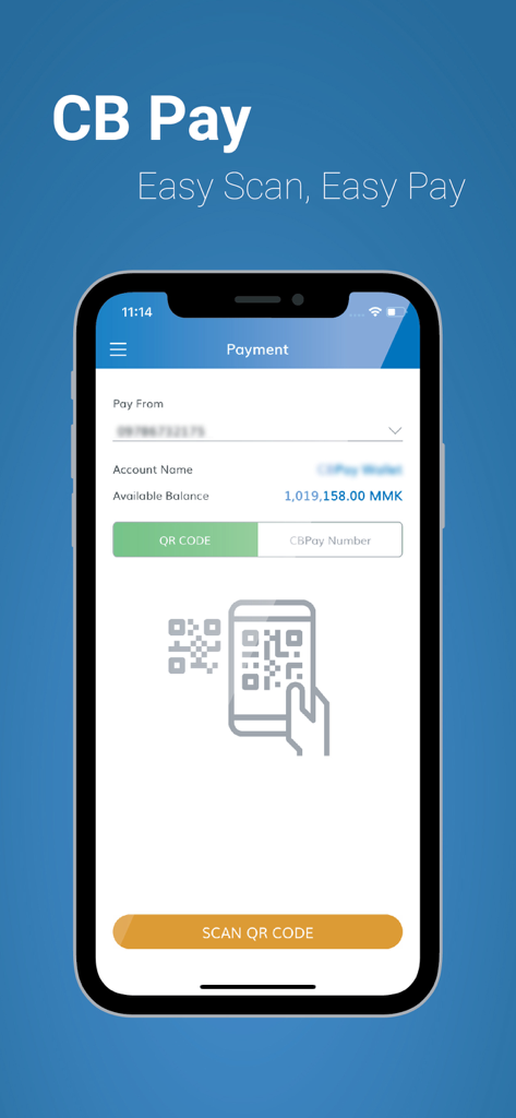 CB Pay - CB Pay mobile app interface showing QR code scanning for easy payments and account balance