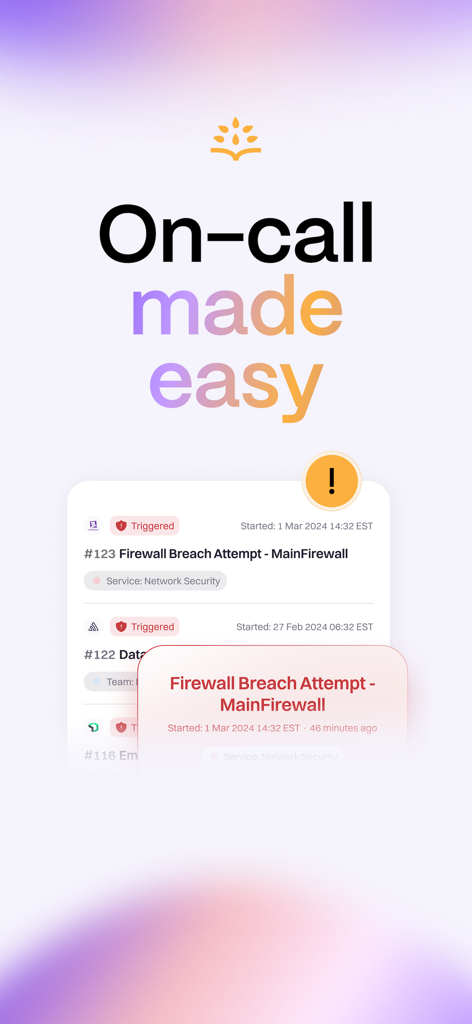 Rootly app interface displaying an on-call incident alert for a firewall breach