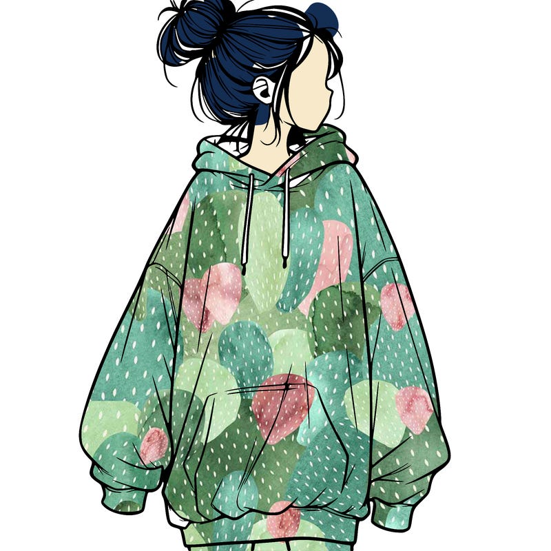 realistic girl with a oversized sweatshirt on and a bun