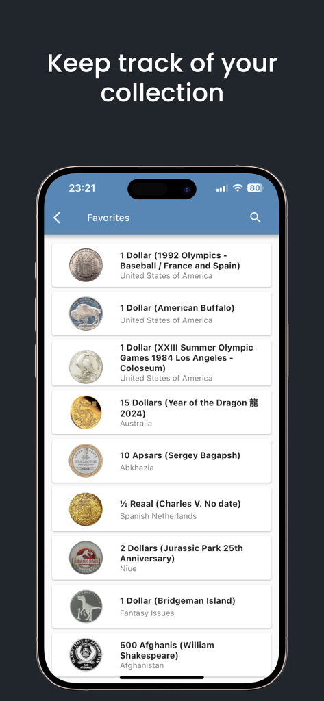 Captura de tela do aplicativo World Coins Collecting mostrando uma lista de moedas internacionais favoritas