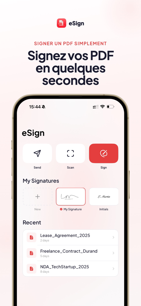 Tela inicial do aplicativo eSign mostrando ferramentas de assinatura de PDF, assinaturas salvas e documentos recentes