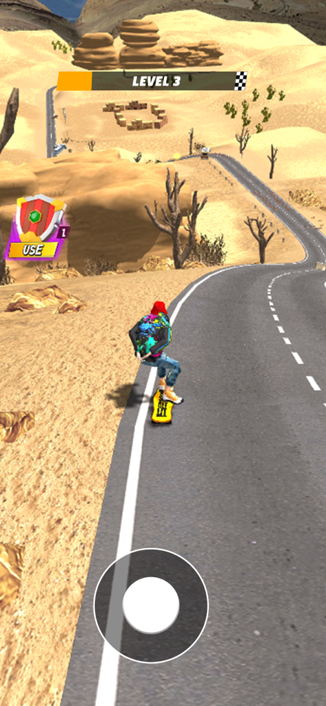 Extreme Downshift Racer - Gameplay do Extreme Downshift Racer mostrando um skatista descendo uma estrada sinuosa em um cânion desértico