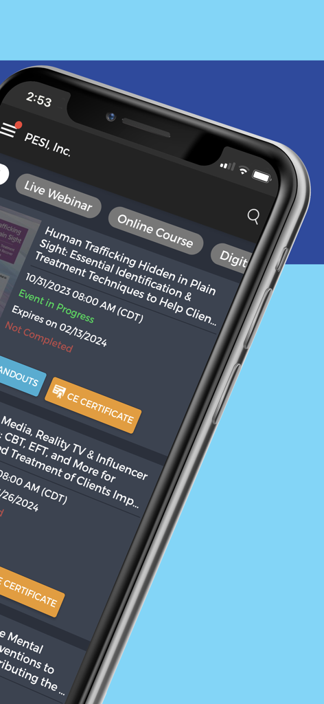 PESI - 핸드아웃 및 CE 수료증 옵션과 함께 전문 개발 강좌 및 웨비나 목록을 보여주는 PESI 모바일 앱 인터페이스