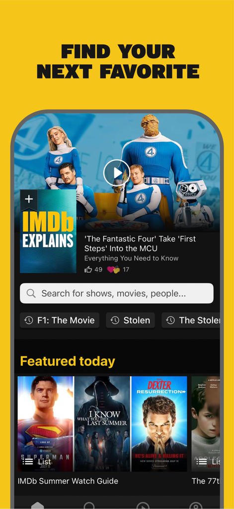 IMDb: Movies & TV Shows - IMDb app home screen featuring the Find Your Next Favorite headline with movie recommendations and a search bar.