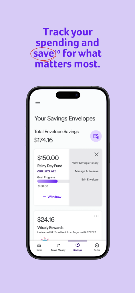 Pantalla de la aplicación móvil myWisely que muestra la función de Sobres de Ahorro con un saldo para el Fondo para Imprevistos.