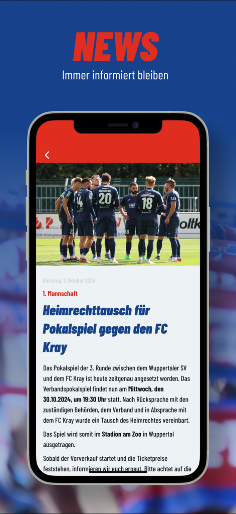 Wuppertaler SV - Screenshot of a news article in the Wuppertaler SV app showing details about a cup match against FC Kray.