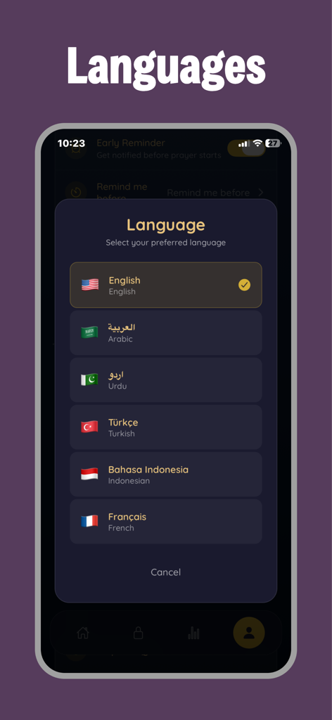 Language selection screen in the Salah Lock prayer app showing options for English, Arabic, Urdu, and more.