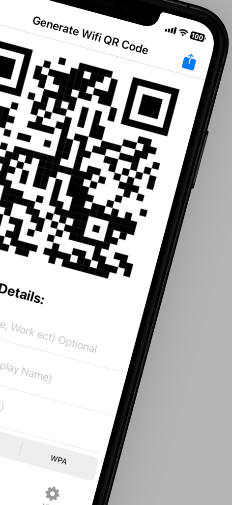 iPhone screen displaying the wifi qr code generation feature from the wifi analyzer app