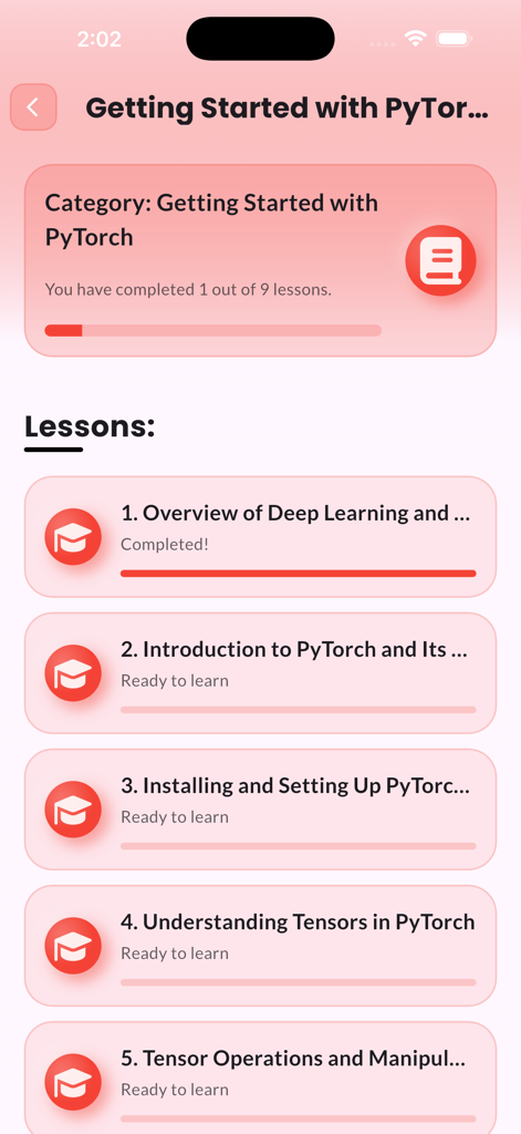 Learn PyTorch Tutorials - PyTorchチュートリアルを学ぶアプリのスクリーンショット。PyTorch入門モジュールの下のレッスンのリストが表示されており、ディープラーニングの概要やテンソルの基本などが含まれています。
