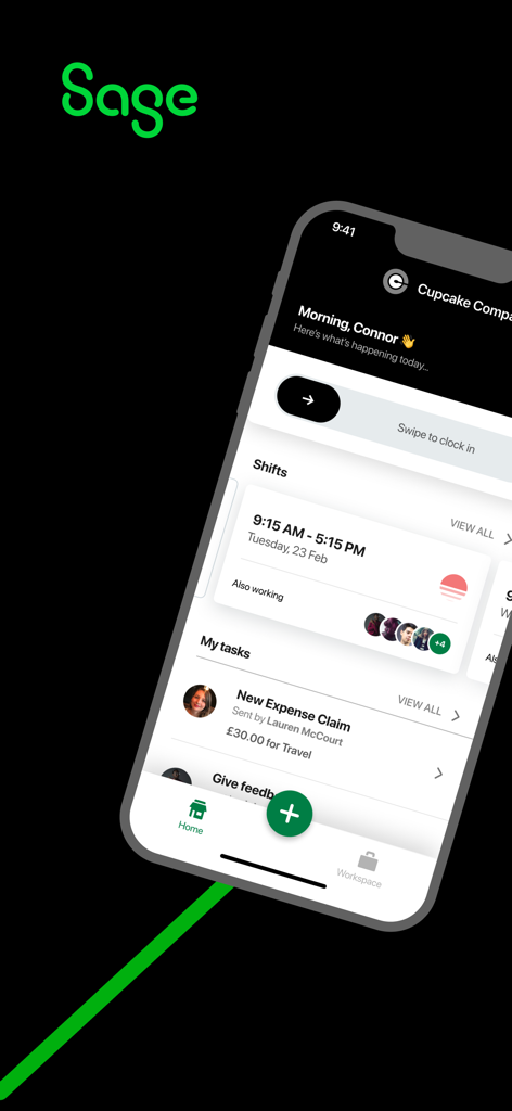 Panel de la aplicación Sage HR mostrando horarios de turnos y tareas pendientes