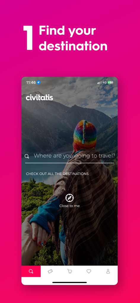 Tela inicial do aplicativo Civitatis mostrando a busca de destinos de viagem e uma vista panorâmica de montanha