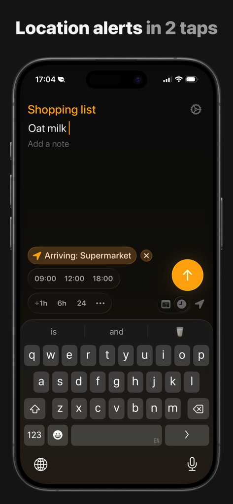 Remind Me Faster app interface showing a location-based reminder for a shopping list item