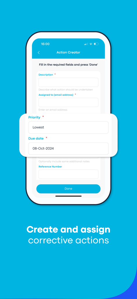 Notify Audits and Inspections - A mobile interface for creating and assigning corrective actions with fields for priority and due dates.