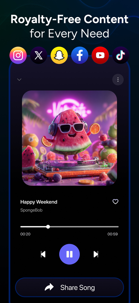 AI Music Maker - Melodia - Melodia app interface showing royalty free AI generated music sharing for social media