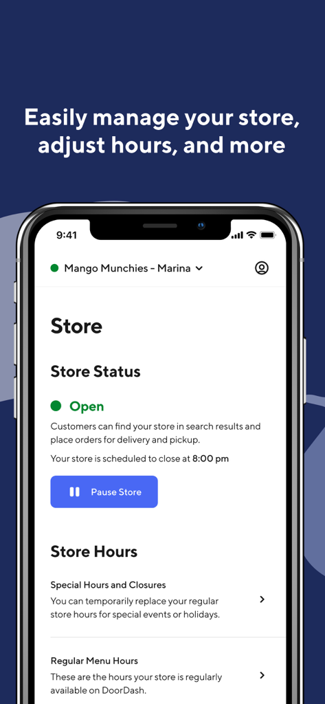 DoorDash - Business Manager - DoorDash Business Manager app interface for managing restaurant store status and hours