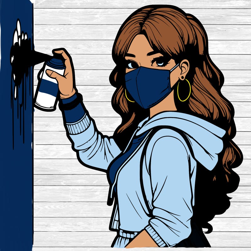 realistic girl with mask spray painting a wall