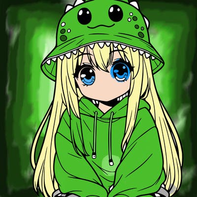 girl with anime shaped eyes with a dinosaur bucket hat oversized sweatshirt long straight hair