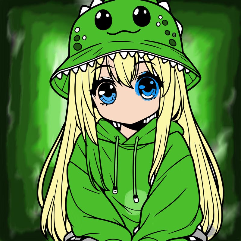 girl with anime shaped eyes with a dinosaur bucket hat oversized sweatshirt long straight hair