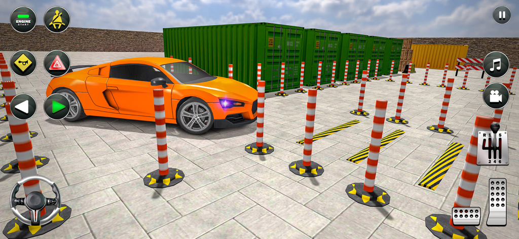 Car Parking Lot: Parking Games - Gameplay of a 3D car parking simulator featuring an orange sports car maneuvering through traffic cones