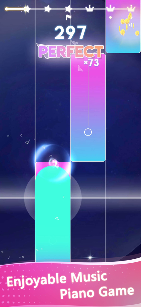 Magic Beat Piano - EDM Tiles - Gameplay screen of Magic Beat Piano featuring vibrant neon tiles and a perfect score.