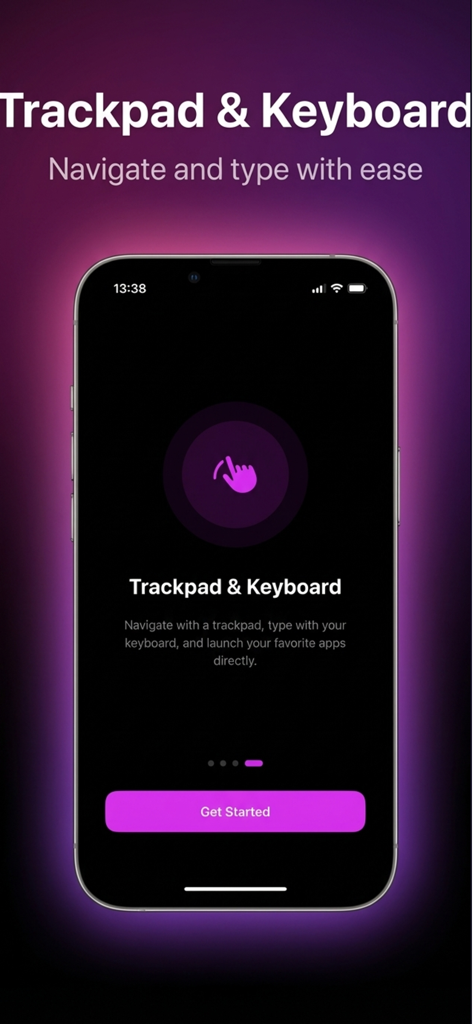 Universal TV remote app interface showing trackpad and keyboard navigation features