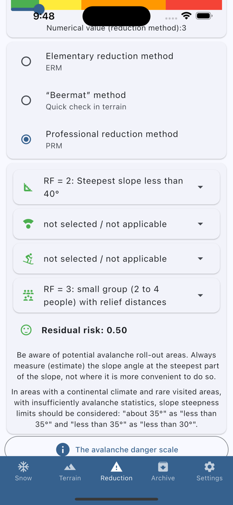 Nivocheck 1.0 - Nivocheck 1.0 app screen showing avalanche risk reduction methods and residual risk score