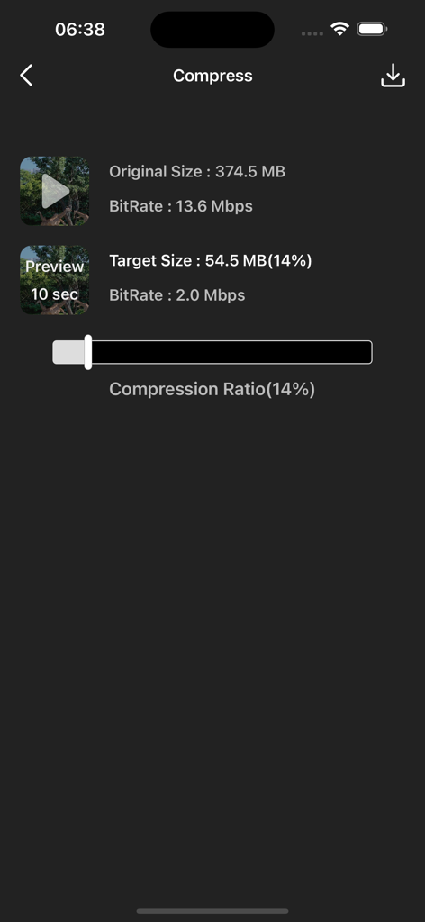 Mobile app interface showing a slider to adjust video compression ratio and target file size from 374MB to 54MB