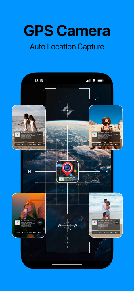 Interfaz de la aplicación GPS Map Camera que muestra la captura automática de ubicación y las marcas de tiempo de las fotos con superposiciones de mapas