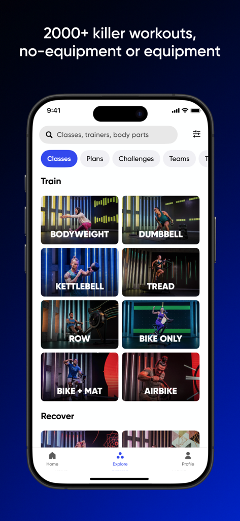 Fiit: Workouts & Fitness Plans - The Fiit app interface showing diverse workout categories for equipment and bodyweight training