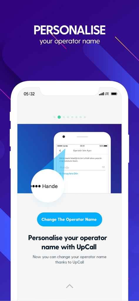 Smartphone screen displaying UpCall feature to customize and personalize the mobile operator name.