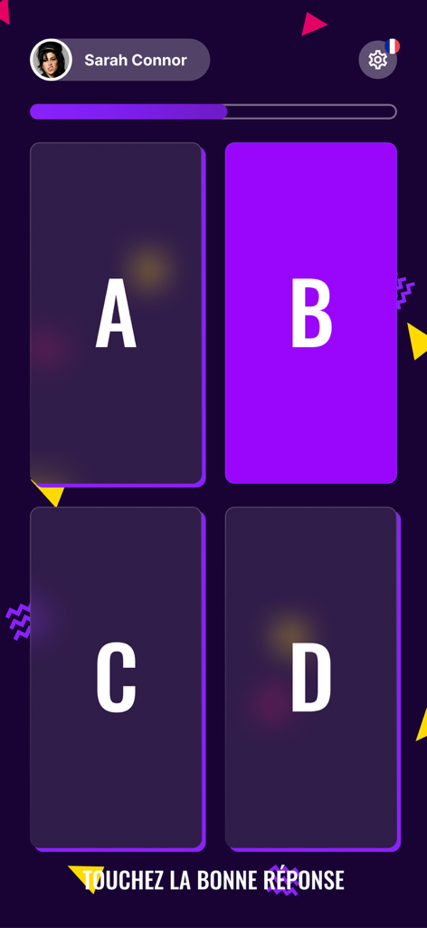 Interface of the ThisisBlindTest app showing a multiple choice trivia game with four options