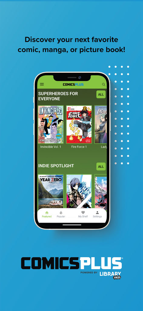 Comics Plus app on a smartphone showing superhero and indie comic book titles