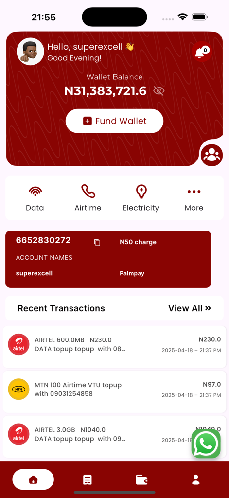 Maskawasub - Maskawasub app dashboard showing wallet balance and recent mobile data transaction history