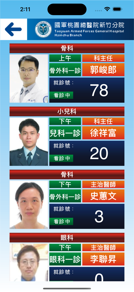 國軍桃總新竹分院 - Statut de consultation en temps réel montrant les profils des médecins et les numéros de file d'attente des patients pour divers départements dans l'application de l'hôpital de Hsinchu.
