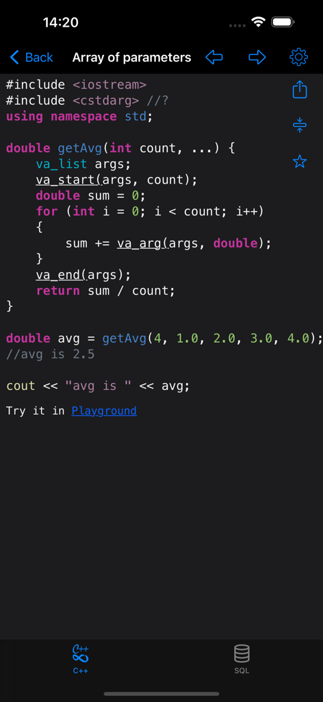 C++ Recipes - C++ Recipes app interface showing a code snippet for variadic functions to calculate an average