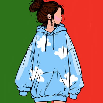 realistic girl with a oversized sweatshirt on and a bun