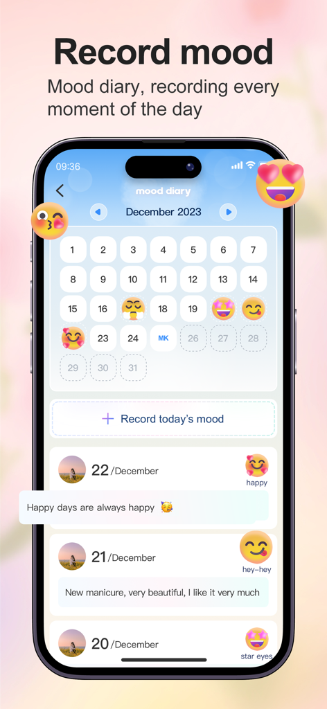 Find family- Share location - Uma tela de smartphone exibindo um recurso de calendário de diário de humor com emojis e registros diários do aplicativo Find Family