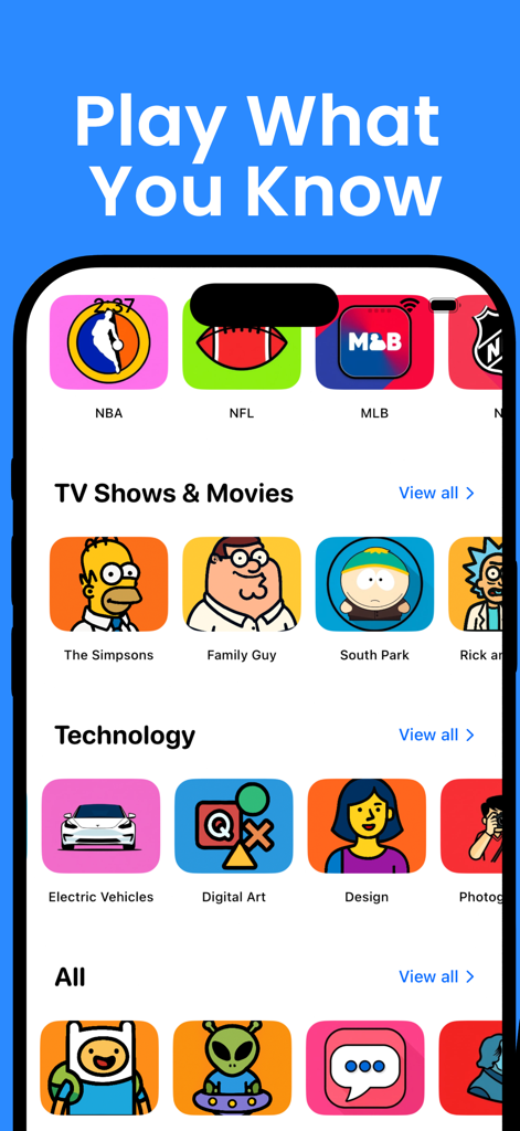 Trivia King: The Quiz of Kings - Trivia King app interface displaying various quiz categories including sports, movies, and technology.
