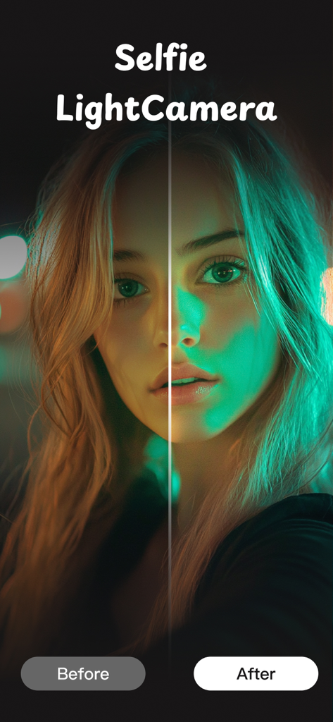 GlowCam：Selfie Light Camera - Before and after comparison showing a selfie with a professional green lighting effect using GlowCam