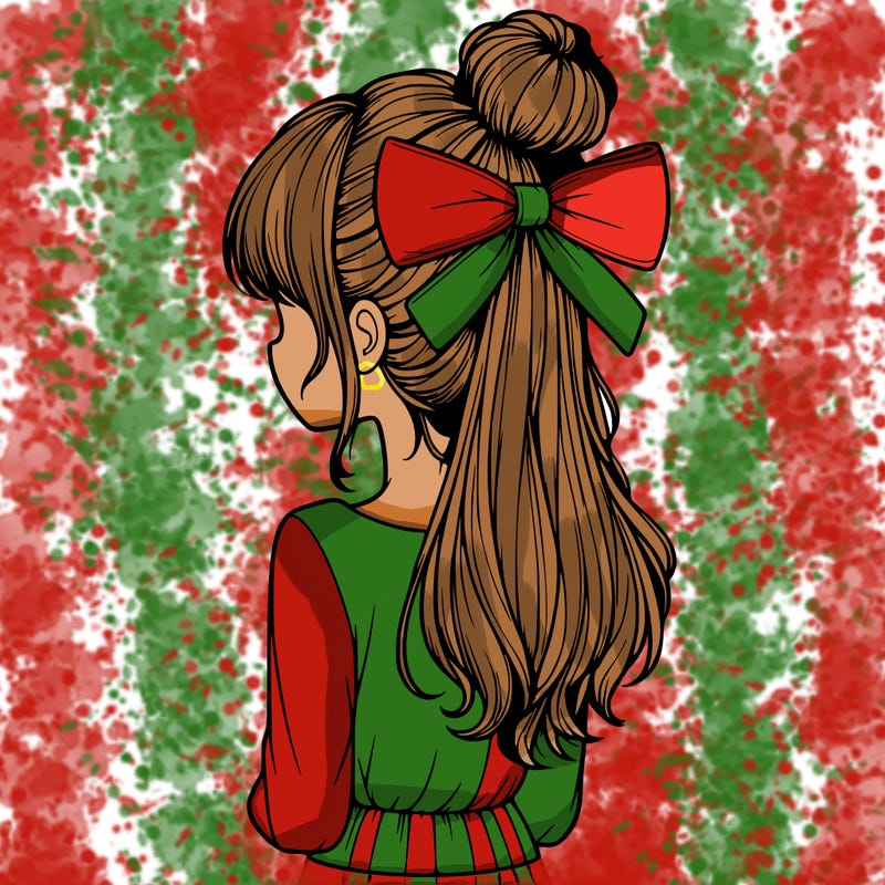 realistic girl  with hip length hair a bun and a big bow on the back of head