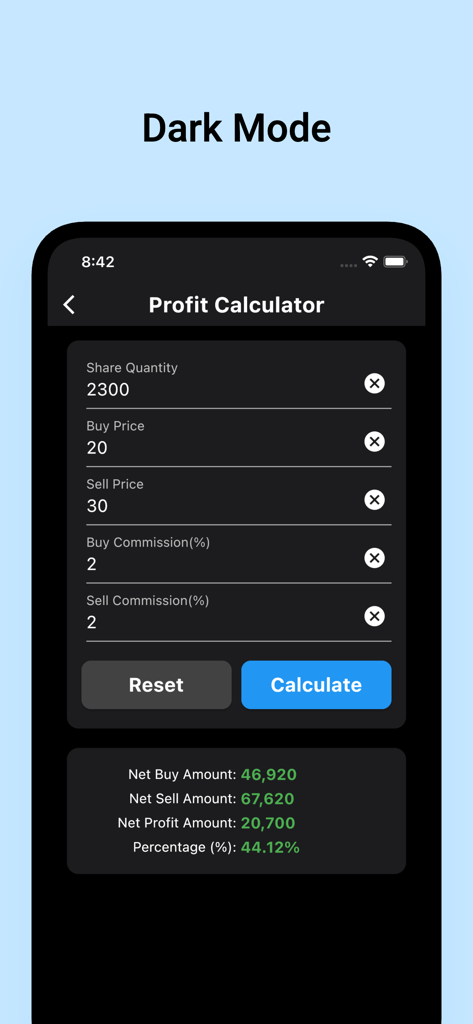 Financial Calculator Pro - Profit Calculator screen of the Financial Calculator Pro app showing share market calculations in dark mode.
