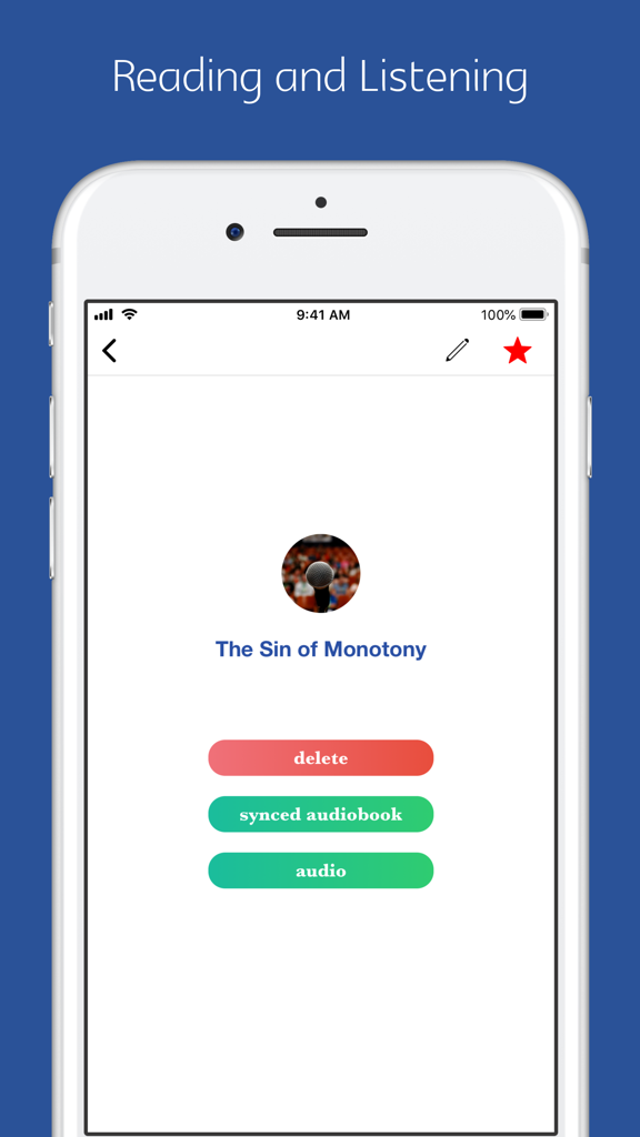 Smartphone screen displaying the reading and listening options for a public speaking education app