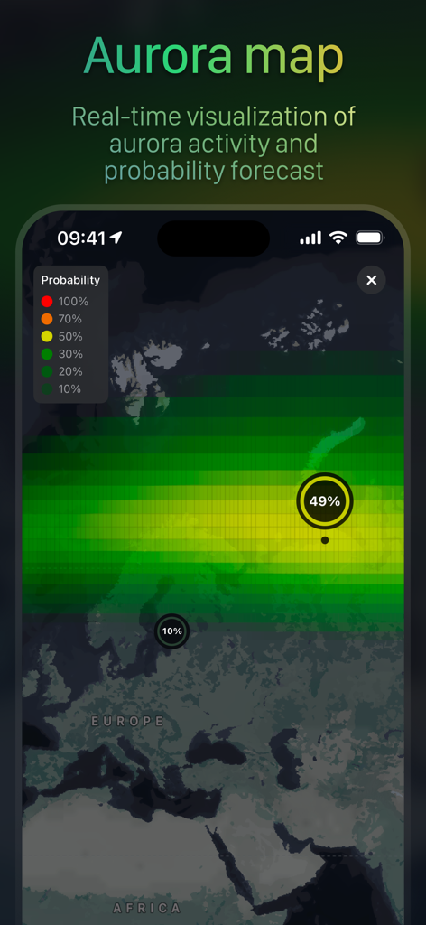 A real-time aurora probability map showing activity levels over a global view