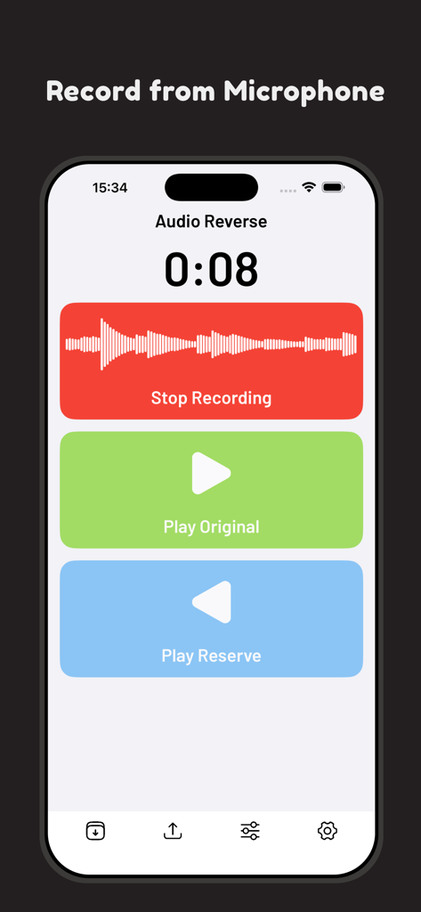 Audio Reverse - Interface do usuário do aplicativo Áudio Reverso mostrando a tela de gravação e reprodução