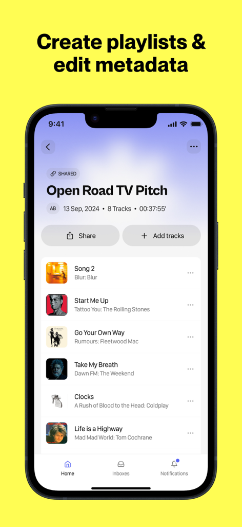 DISCO Music Management - Interface of the DISCO Music Management app showing a playlist titled Open Road TV Pitch with options to share and add tracks.