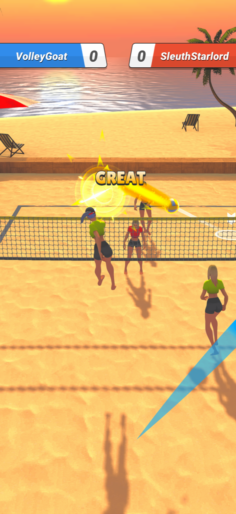 A competitive beach volleyball match at sunset with a player hitting a great spike
